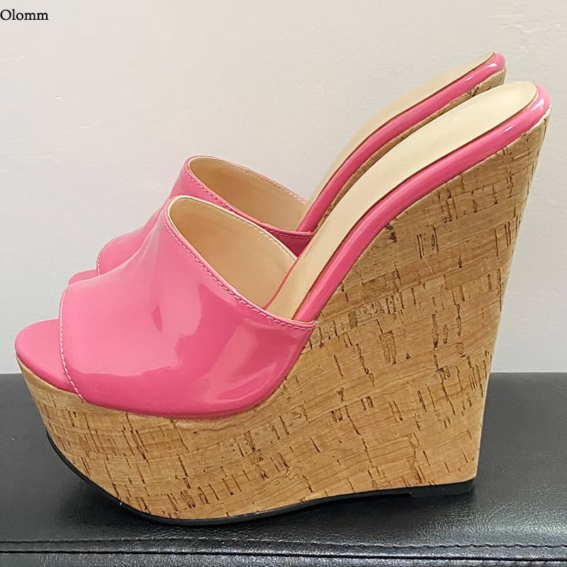 Olomm Handmade Women Summer Patent Leather Mules Sandals Wedges Heel Open Toe Gorgeous Pink Red Dress Party Shoes Size 35 45 46