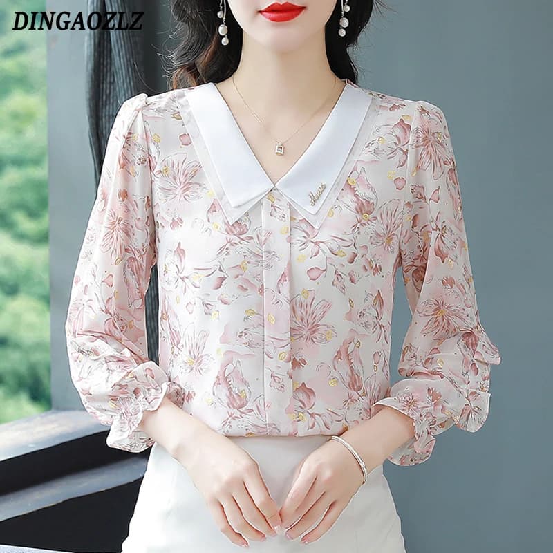 Fashion Chiffon Shirt Eleagnt Spring Autumn Women Top New Collar Couverture Shirt Printed Floral Korean Fashion