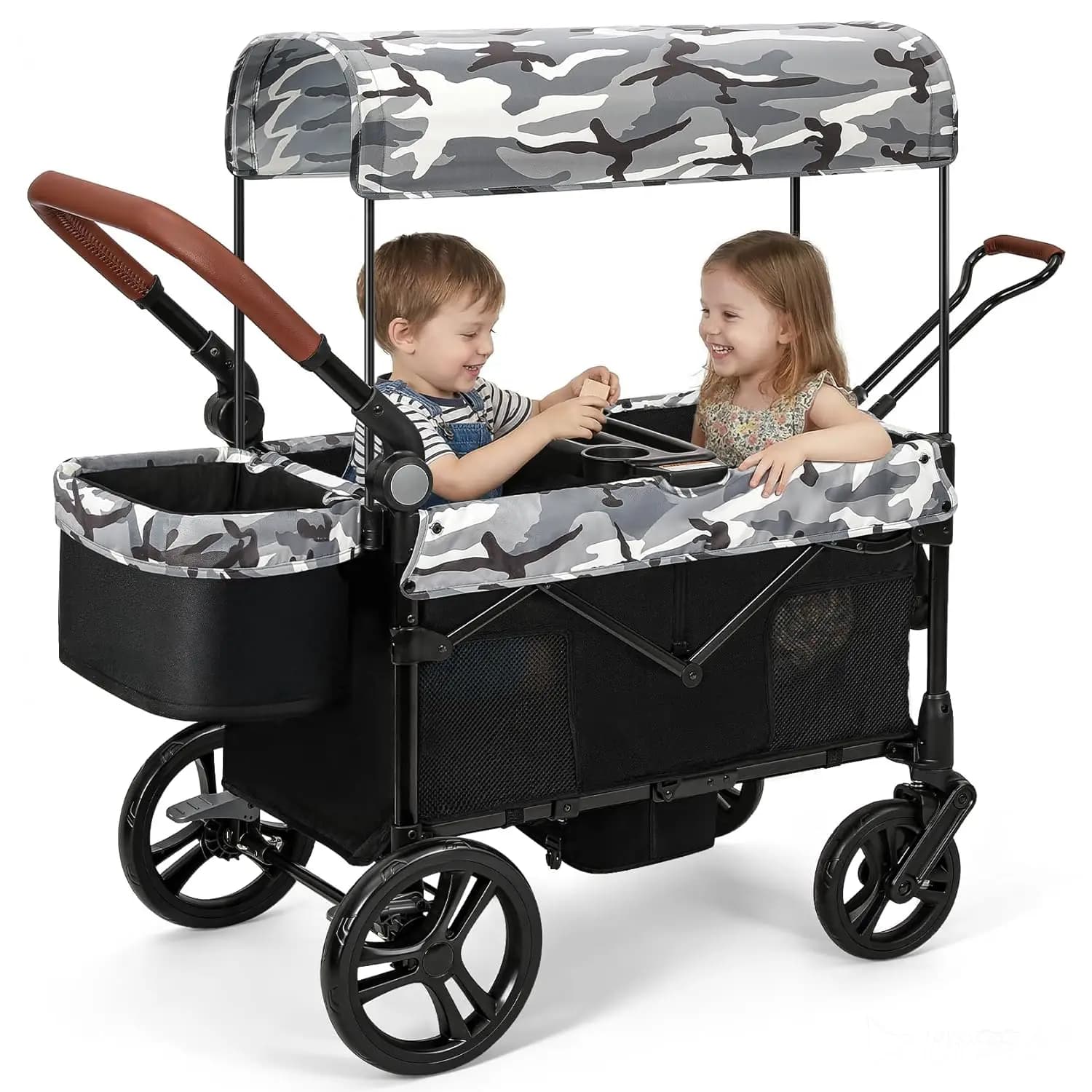 Passeggino Pieghevole All-Terrain per 2 Bambini con Tettuccio, Zanzariera, Manico Regolabile, Vassoio Porta-Snack e Cestino Portaoggetti