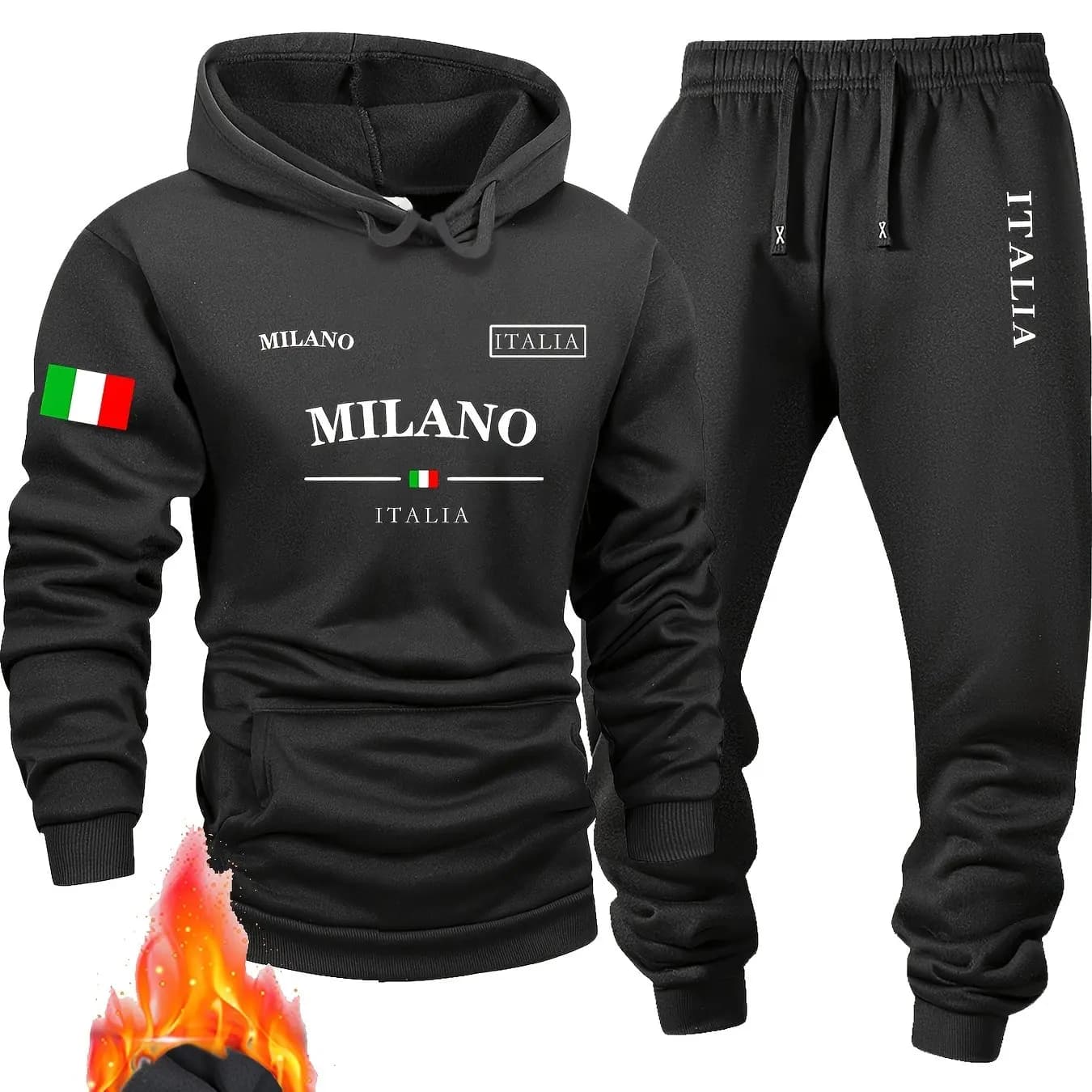 Nuovo set con cappuccio sportivo alla moda primaverile da uomo, con lettere Milano e pullover con stampa bandiera e pantaloni sportivi, morbido e confortevole