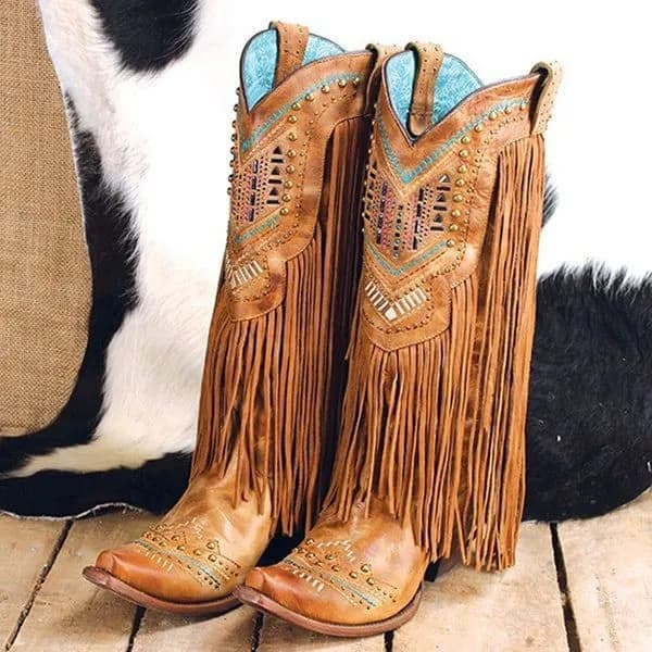 Women's Pointed Toe Thick Heel Rhinestone Tassel Boots Halloween Cosplay Knight Western High Boots Shoes