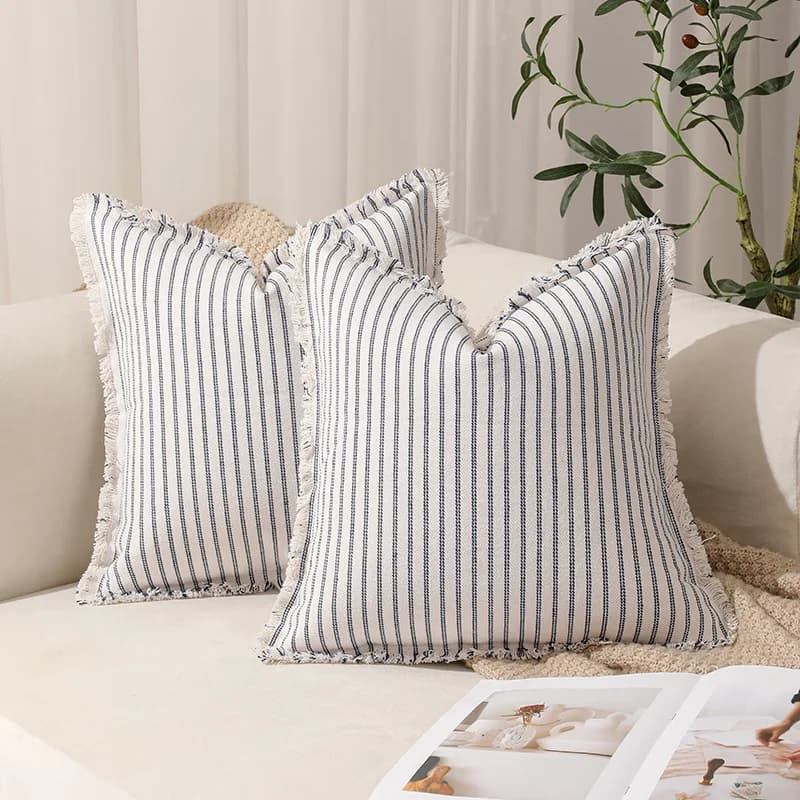 Fodere per cuscini a righe con frange, copricuscini in stile rustico con nappe, cuscini decorativi boho neutri, federe quadrate decorative