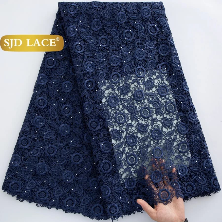SJD LACE Nigerian Guipure Cord Lace Fabric 5 Yards 2026 Latest Navy Blue African Water Soluble Lace for Women Party Dresses 4879