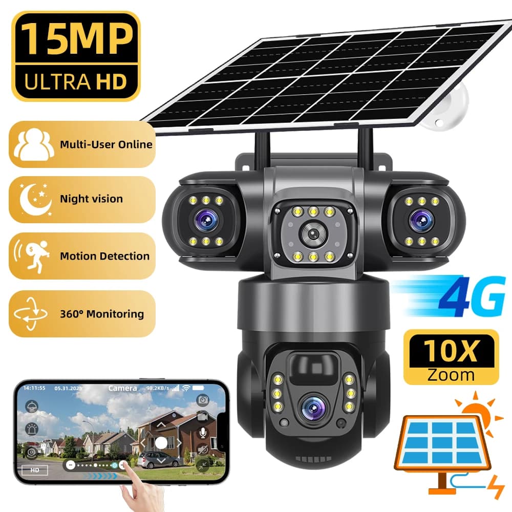 Telecamera IP Solare 4G V380 per Esterni, 15MP 6K con Tre Lenti e Tre Schermi, Monitor di Sicurezza con Visione Notturna, Impermeabile, Telecamere CCTV