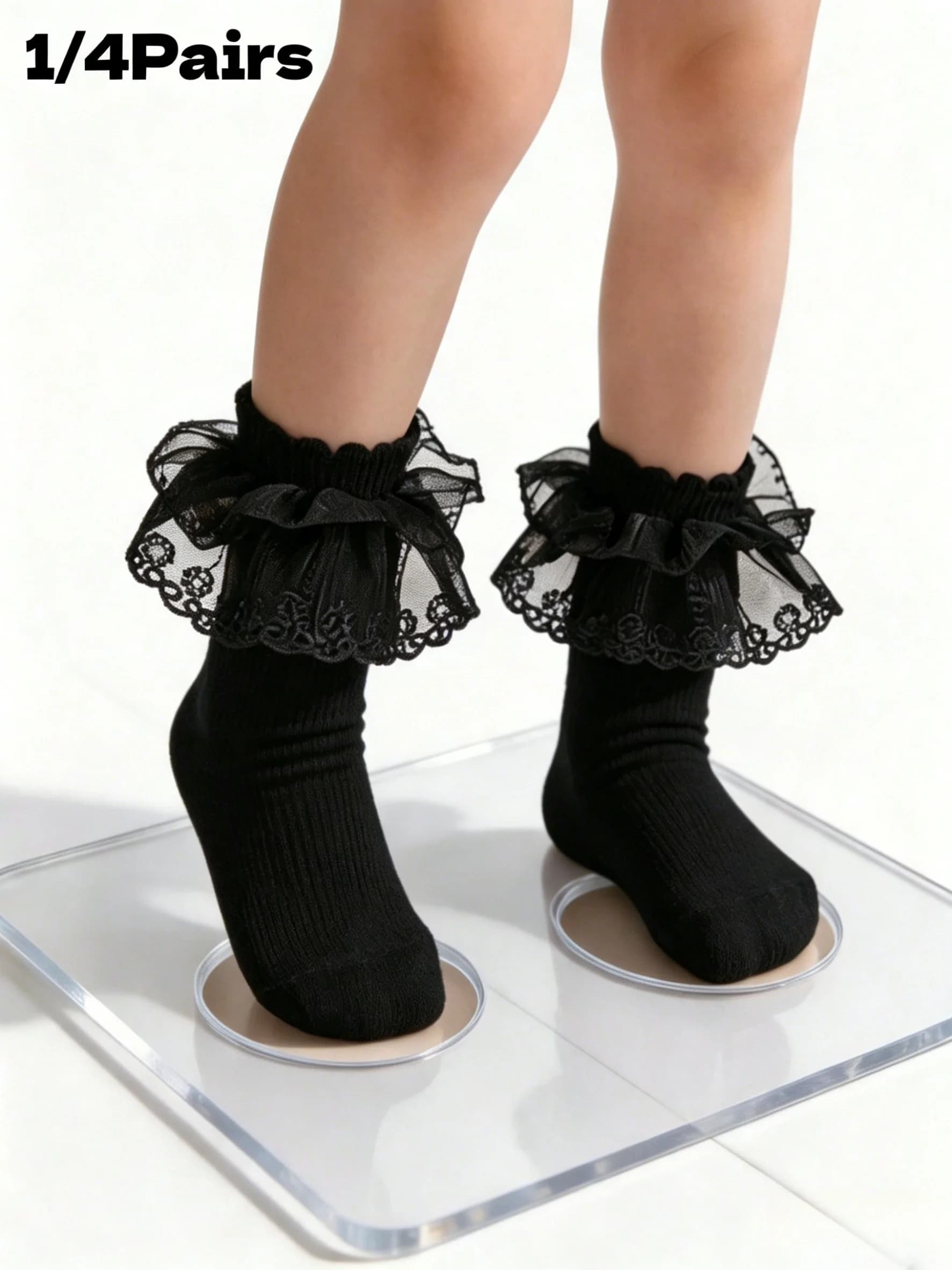 1/4 Pairs Frilly Lace Bow Princess Socks for Little Girls Lolita Mid Calf Socks