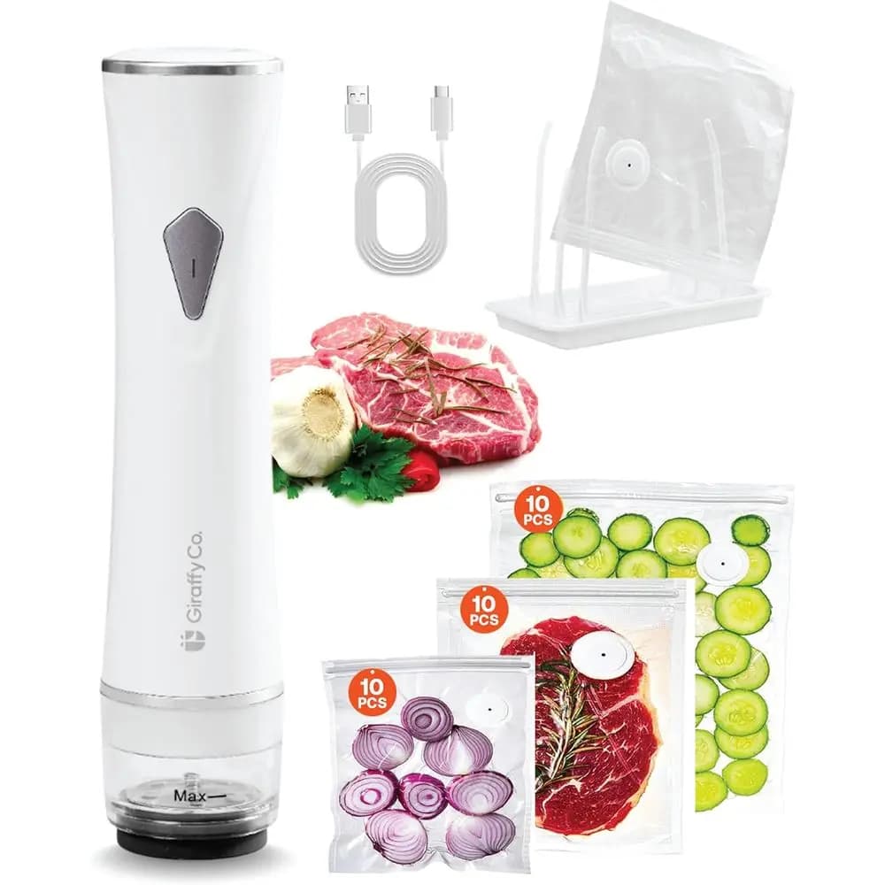 Macchina per Sottovuoto con Serbatoio d'Acqua Visibile, 30 Sacchetti Riutilizzabili (S, M, L - 10 Ciascuno), Rastrelliera di Asciugatura e Cavo di Ricarica – Compatta e Potente