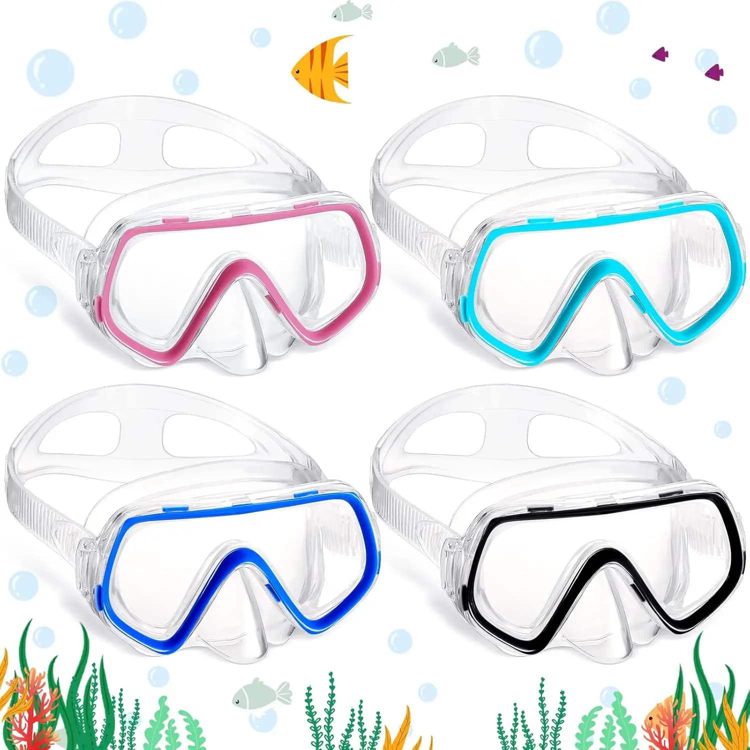 Confezione da 4 occhialini da nuoto per bambini con copertura per il naso, maschera subacquea antiappannamento a visione ampia, senza perdite, per ragazzi e ragazze dai 3 agli 8 anni