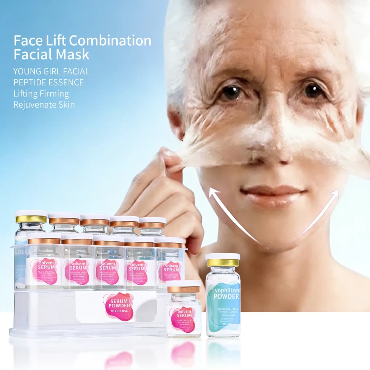 Maschera al Collagene Antirughe e Rassodante, Set Polvere Liofilizzata + Essenza, Riduce le Linee Sottili, Solleva e Rassoda la Pelle