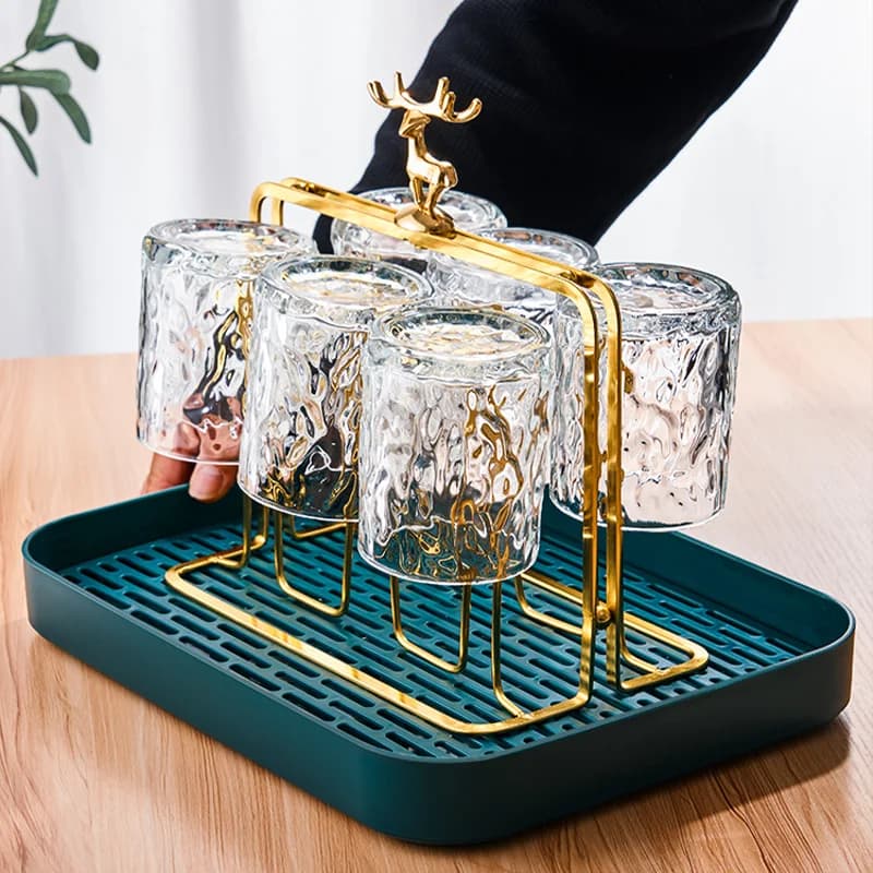 Set di tazze di vetro Tazze Scaffale per asciugare tazze Trasparente Glacier Acqua Bicchiere da vino Portabicchieri Decorato con renna natalizia