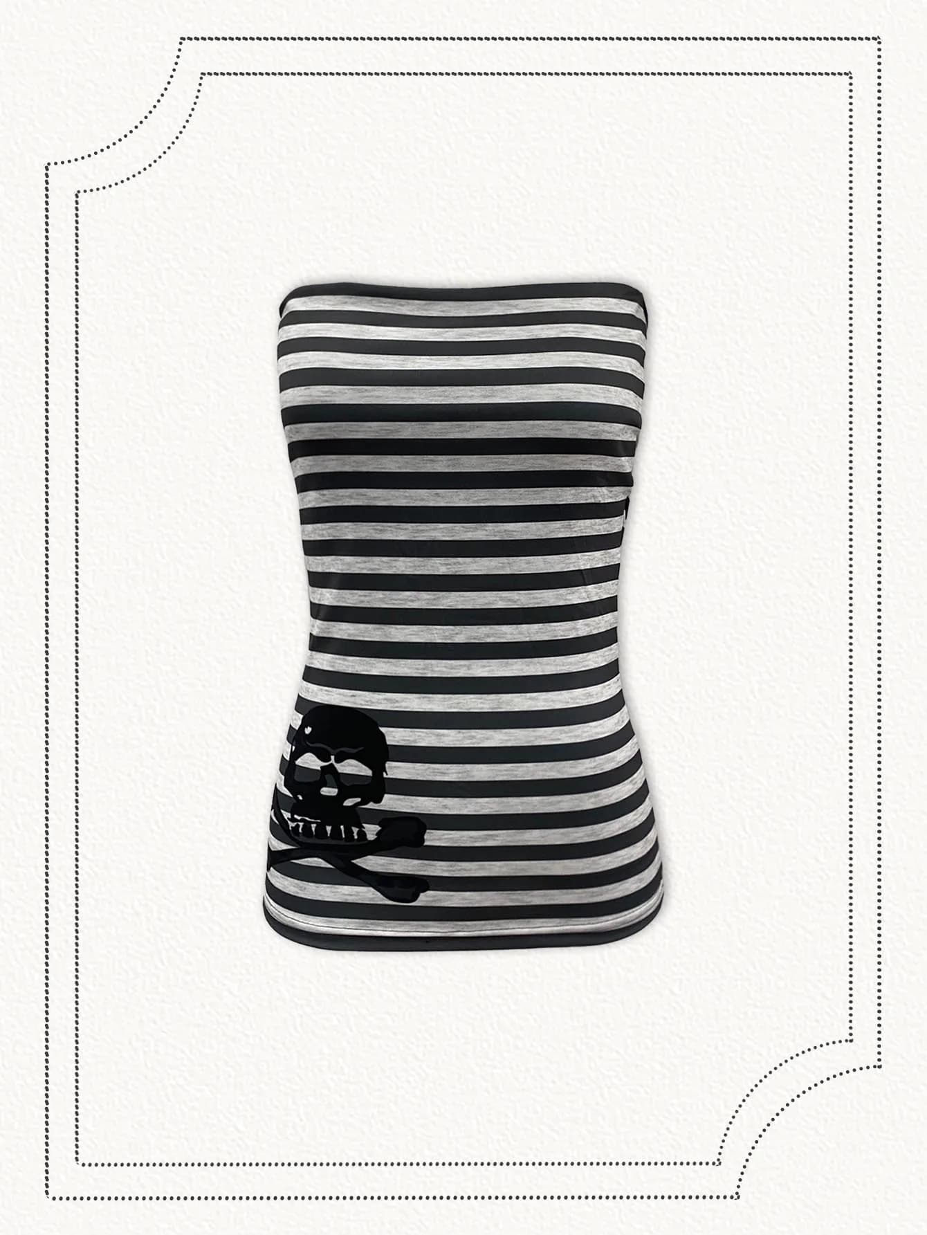 American Retro Punk Personality Striped Skull Print Tank Top Fashionable Spicy Girl Sleeveless Backless Versatile Vest For Women