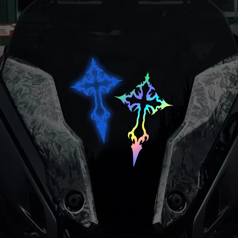 2PCS Holographic Cross Vinyl Sticker Waterproof Motorcycle Decal For Helmet Tank Fairing Bike Biker Decoration