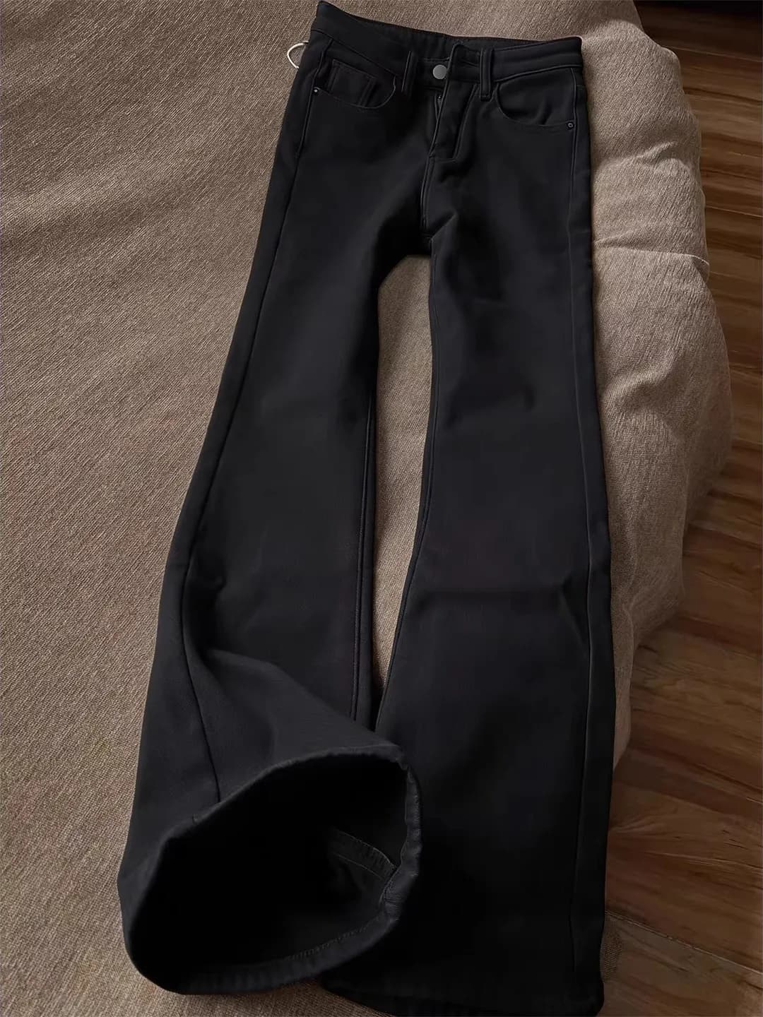 Jeans Neri Elasticizzati con Fodera in Pile, Gamba Dritta e Svasata, Stile Americano High Street, Resistenti all'Usura