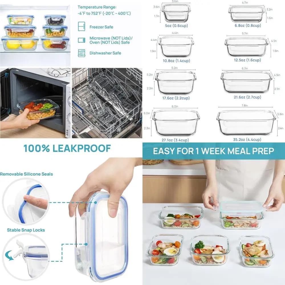 Set ermetico per la conservazione degli alimenti in vetro, 8 pezzi, contenitori per la preparazione dei pasti per microonde, forno, congelatore, lavastoviglie, senza BPA