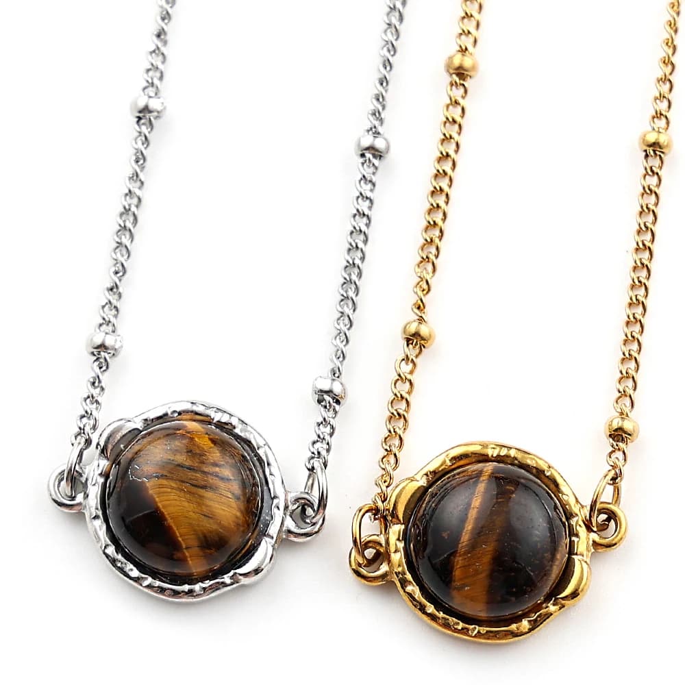Natural Tiger Eye Stone Round Cabochon Pendant Necklace Stainless Steel Gold Plated Clavicle Chain Spiritual Healing Jewelry