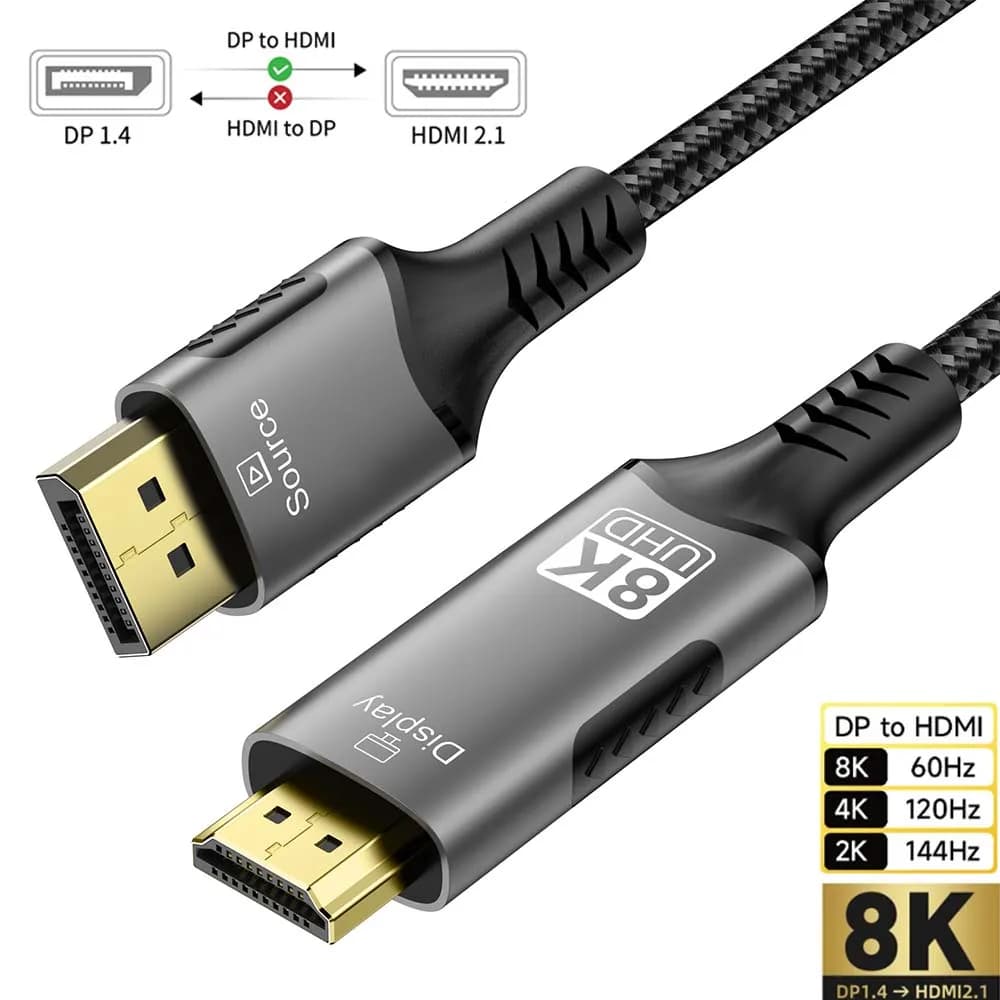 DisplayPort Cable to HDMI Converter 8K DP1.4 to 2.1 HDMI 8K to 60Hz 4K to 120Hz HDR HDR for Desktop Laptop TV Monitor Projector