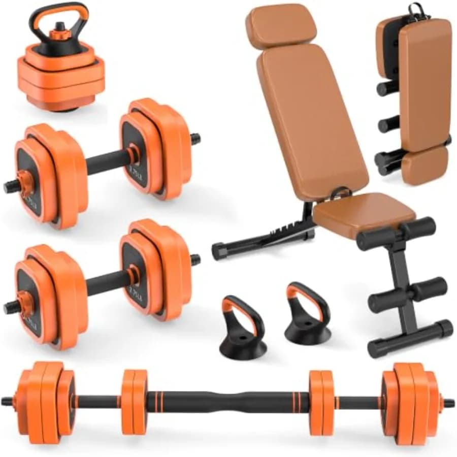 Home gym use: steel dumbbells in black with ergonomic grip, 4-in-1 adjustable design and foldable bench for space-saving storag