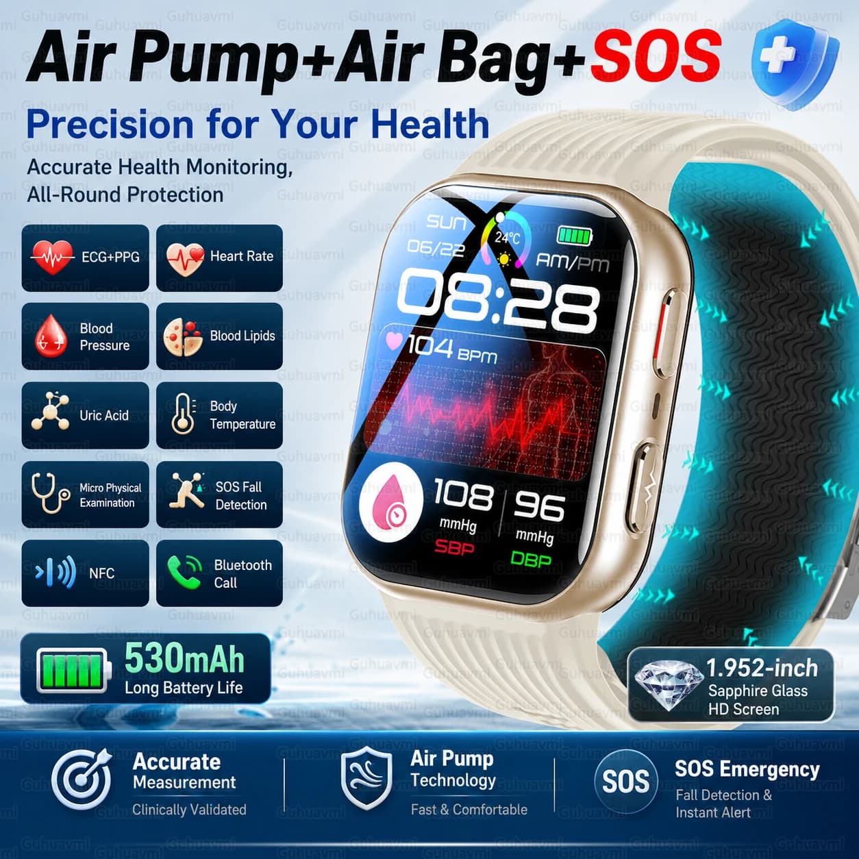 New Smartwatch with Accurate Blood Pressure Measurement, ECG, Cardiaca Frequency, Blood Lipids, NFC, Bluetooth Calls, Remote Monitoring