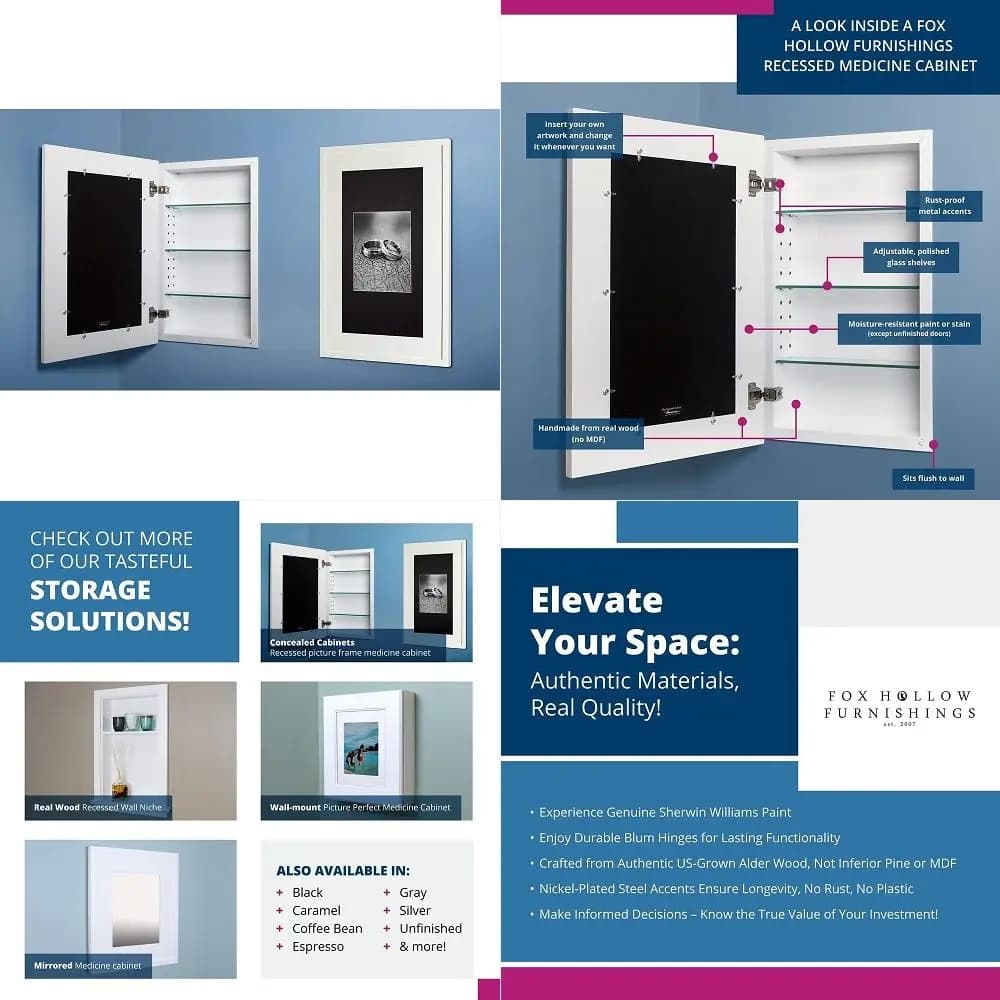 Concealed Picture Frame Medicine Cabinet Without Mirror for Bathroom, Recessed in The Wall, Made in North America, Real Wood, N