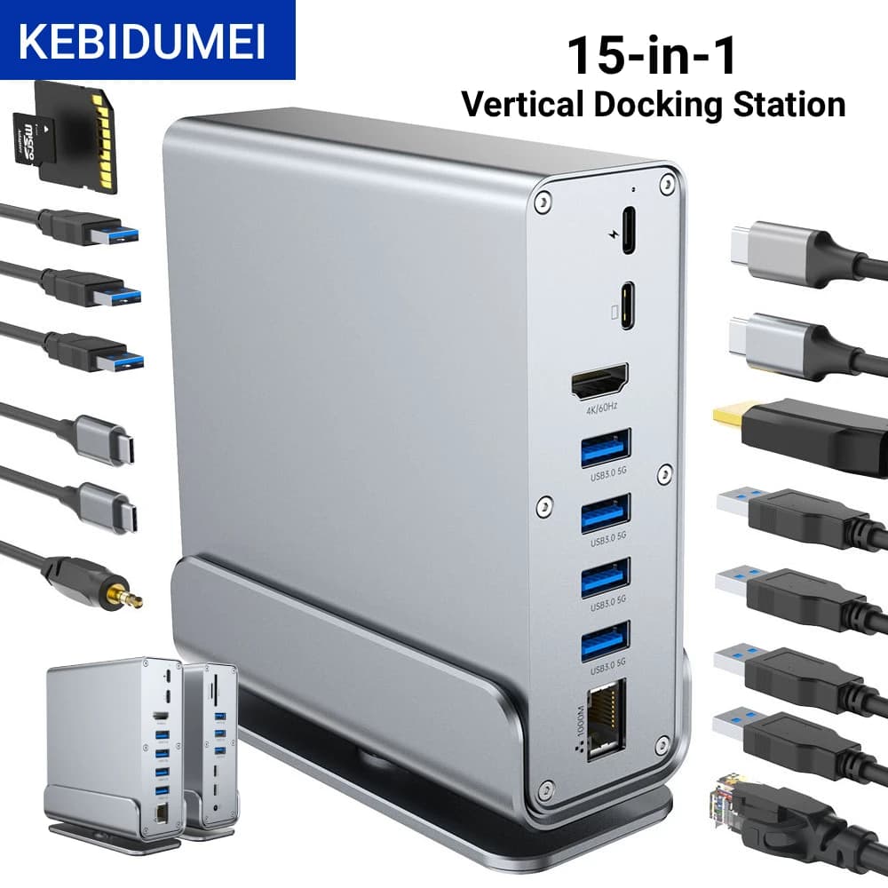 KEBIDUMEI Hub USB C 15 in 1 4K60Hz, Docking Station Type C con USB 3.0, Display HDTV, PD 100W, RJ45, SD/TF, Audio 3.5 per Mac Pro