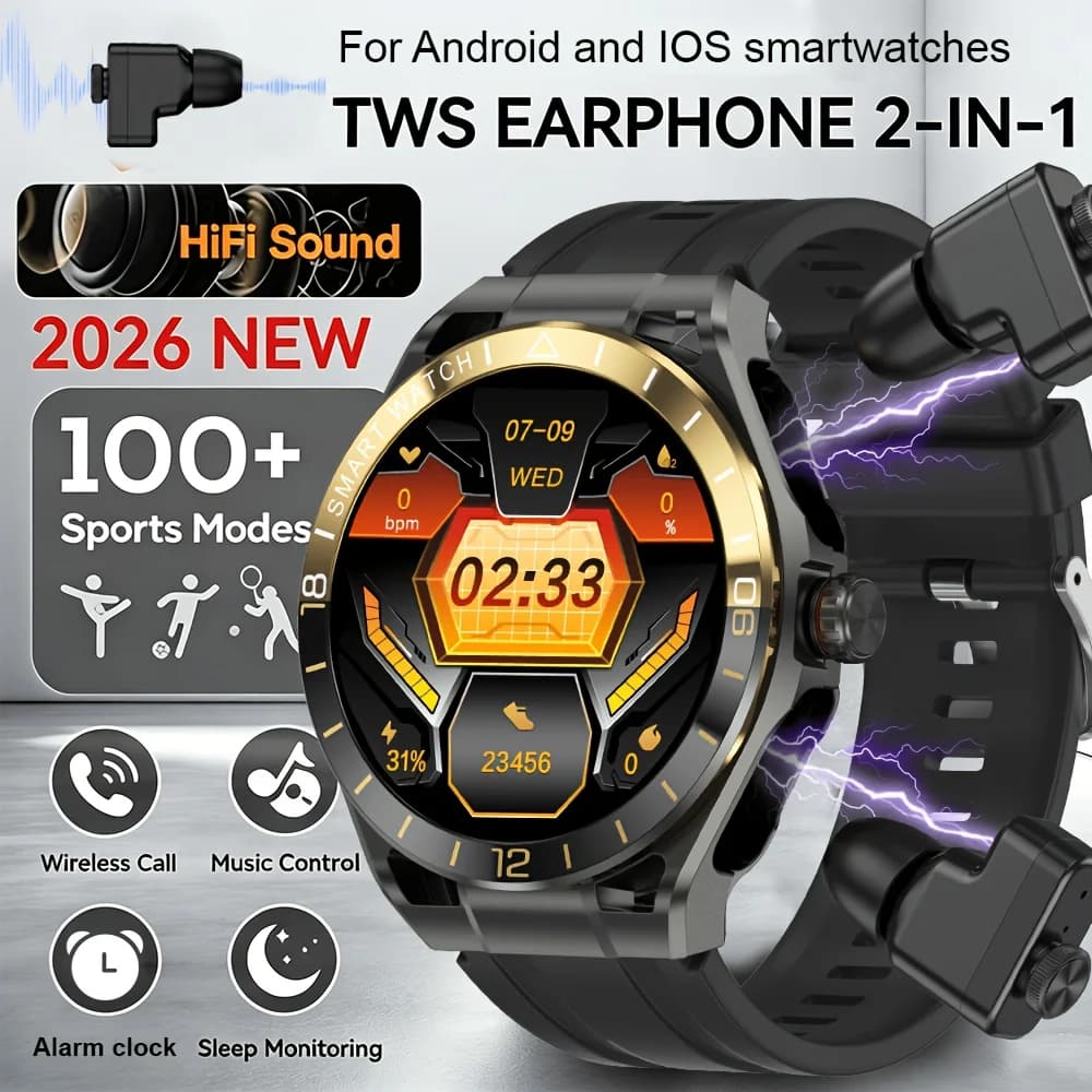 2026 2 In 1 TWS Headset Smart Watch 1.43" Earphones Music Smartwatch Women Men Sport Fitness Heart Rate Health Tracker Watches