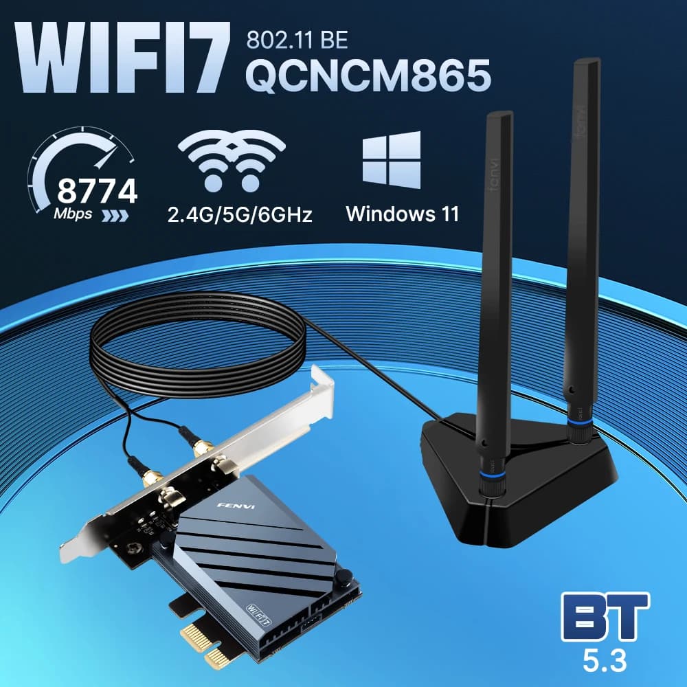 FENVI WiFi 7 PCIE Adattatore Wifi QCNCM865 Tri-band 2.4G/5G/6G Bluetooth 5.3 Wi-Fi 7 Scheda Estendi antenna per Windows 11