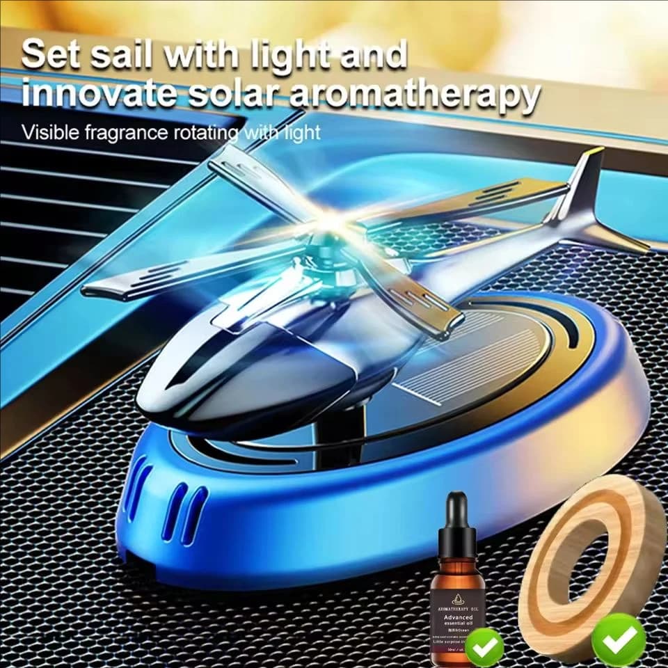Deodorante per auto per elicottero rotante ad energia solare Diffusore di aromi automatico in lega + ABS con fragranza in legno, aromaterapia solare per
