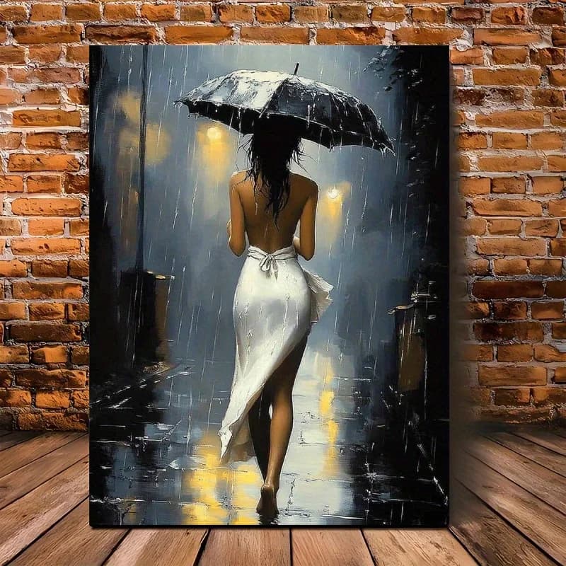 [Elegant Style] Romantic Rainy Night Canvas Art with Wooden Frame–Elegant Umbrella Street Scene, Perfect for Living Room,Bedroom