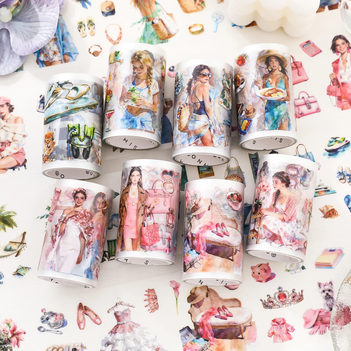 4 rolls/set Pink and Dai Life&Summer Sea Breeze Creative Character Life Landscape Tape Set DIY Handmade Scrapbook Aesthetics