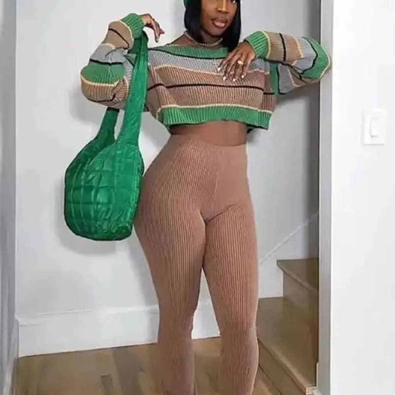 Autumn Winter Knitted Ribbed Sweater Matching Sets Women 2 Piece Set Long Sleeve Striped Print Crop Top and Pants Conjunto Mujer