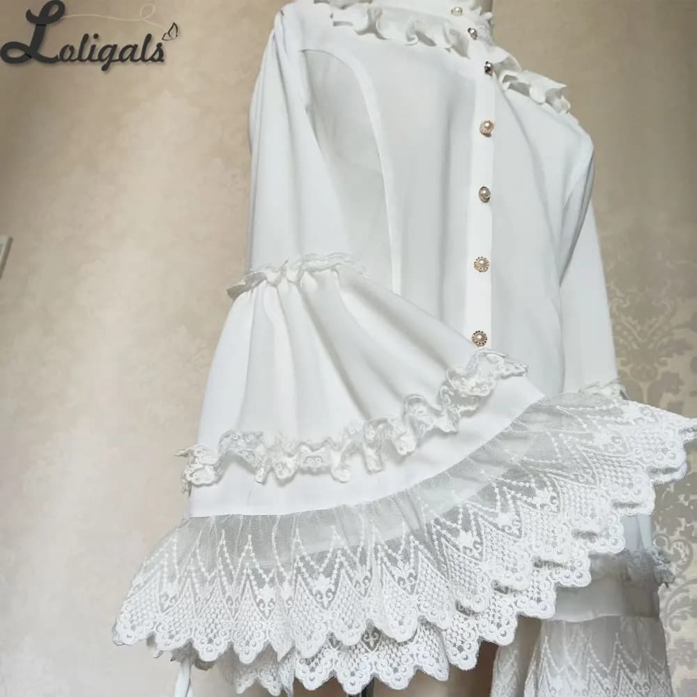 Vintage Women's Chiffon Shirt Sweet White Long Flare Sleeve Lace Blouse Lolita Top by Yiliya