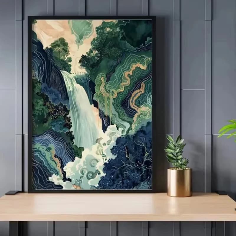 Frameless Paint By Numbers Kit for Adults Hokusai Waterfall Landscape Traditional Japanese Art DIY Oil Painting Home Wall Decor