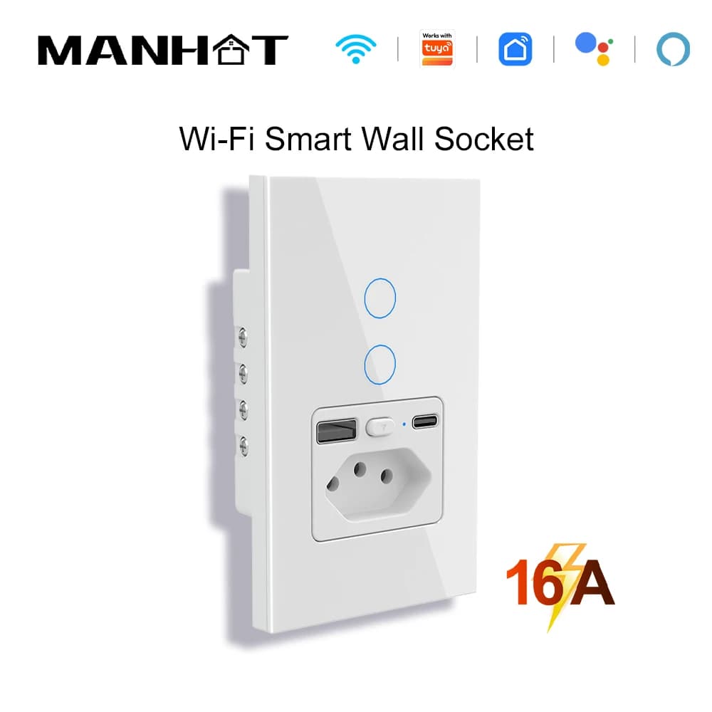MANHOT 16A Brazil Wifi Smart Wall Switch Socket 1/2 Touch Switch USB Type-C Plug Outlet Work with Smart Life Alexa Google Home