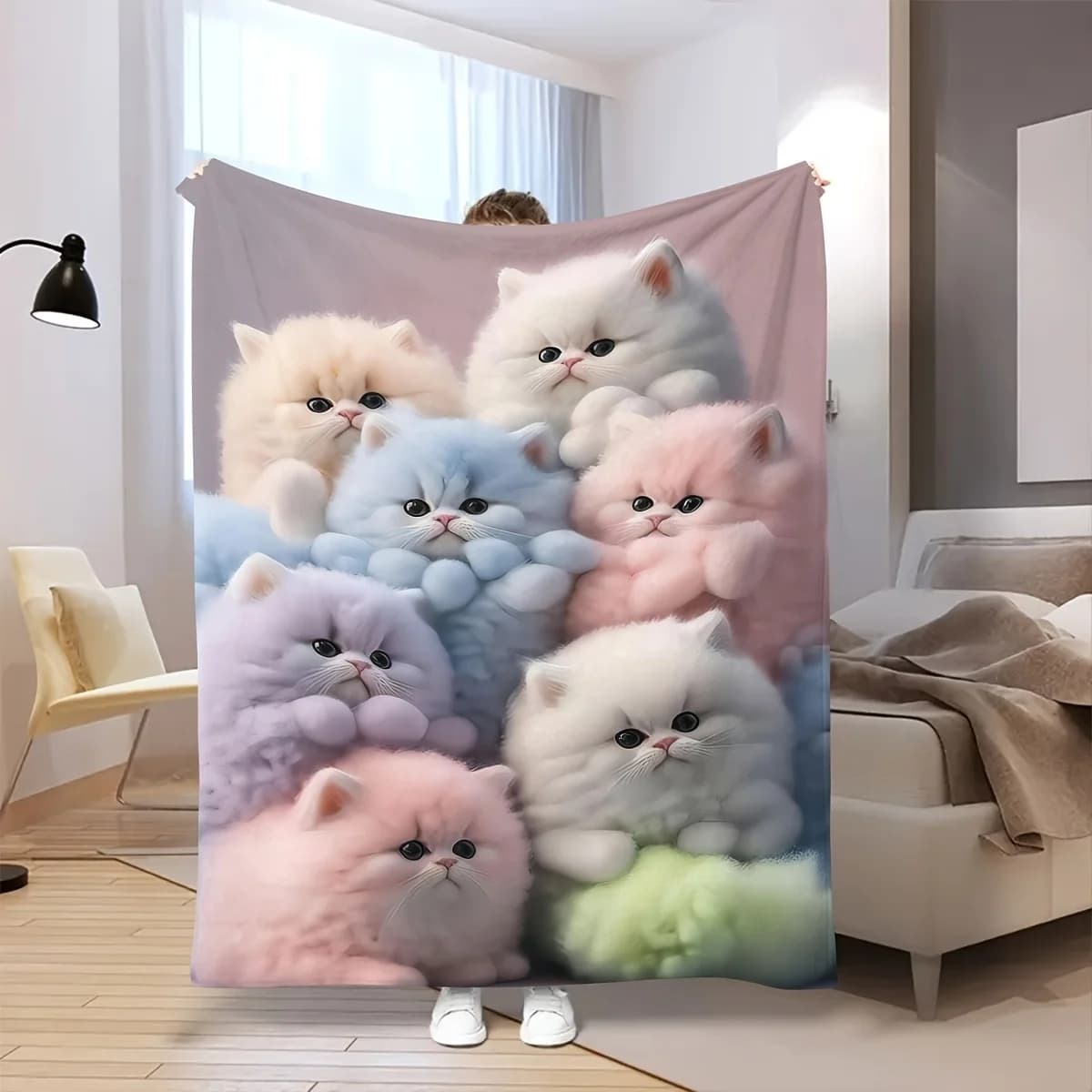 VIKAMA Cute Cat Patterned Blanket, Soft Spring And Autumn Warm Flannel Blanket, Comfortable Home Decor Sofa Blanket