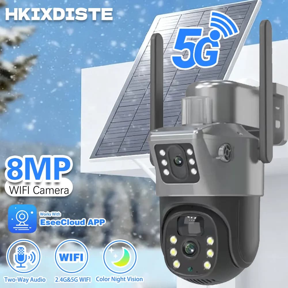 Eseecloud 8MP PTZ solare esterno CCTV 2.4G/5G Dual Band WiFi6 Visione notturna a colori wireless resistente alle intemperie per telecamera di sicurezza domestica