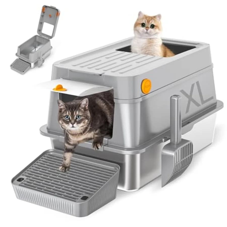 Mzlao Lettiera per Gatti in Acciaio Inossidabile da 20L con Coperchio XL, Lettiera Metallica Chiusa con Coperchio a Cerniera Anti-perdita e Bordi Alti per Odori