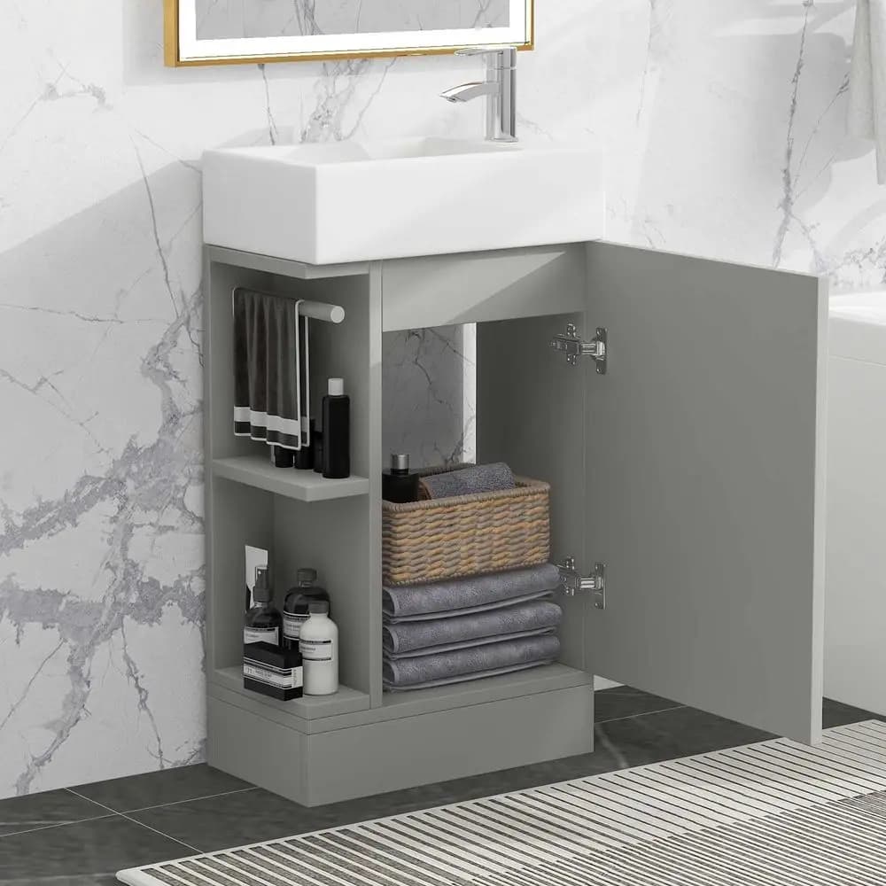 Mobile da bagno con lavabo da 18,6 pollici, mobiletto con ripiano portaoggetti e porta carta igienica, disponibile per lato sinistro o destro