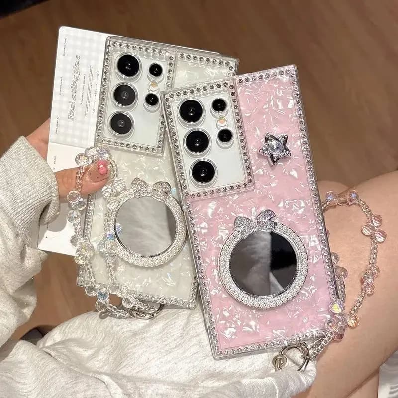 Custodia per telefono Sweet Pearl Mirror per Samsung Galaxy S25 26 Ultra S24 S23 Plus A36 A56 in TPU cristallino con catenella corta e perle