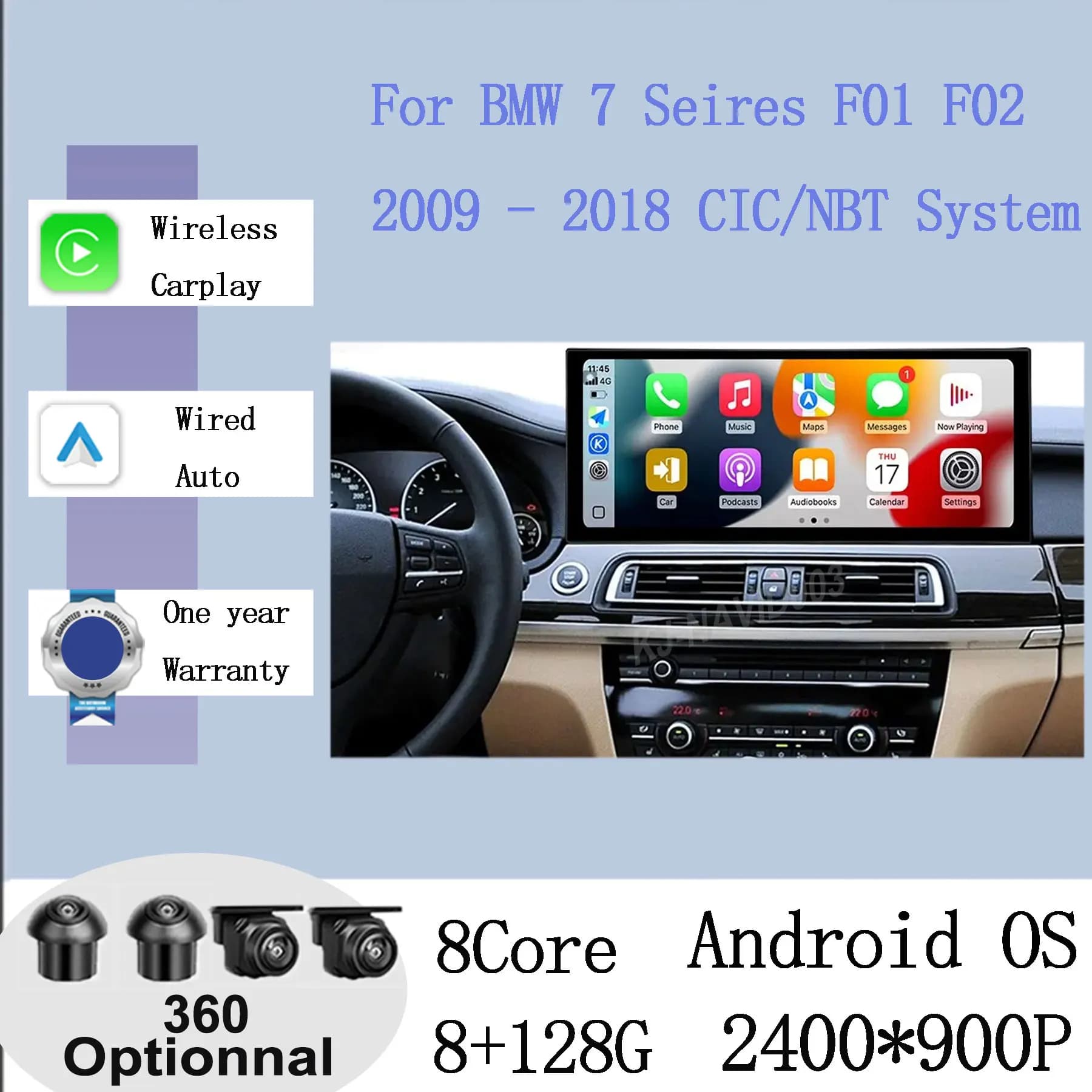 Android 15 Carplay per BMW Serie 7 F01 F02 2009-2018 Sistema CIC/NBT Lettore Multimediale Auto Schermo QLED Stereo Split Screen DSP