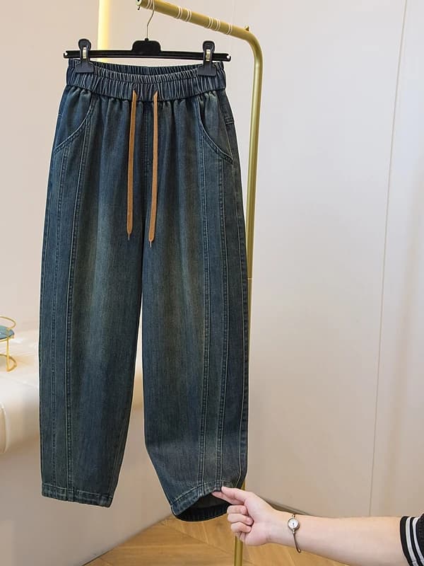 Casual High Waist Drawstring Harlan Jeans Women's Spring Autumn plus Size Design Sense Wide Leg Blue Denim Trousers