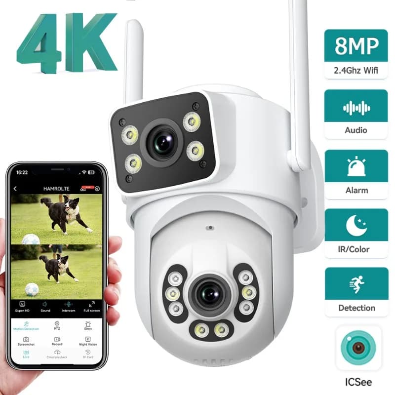 4K 8MP PTZ WiFi Surveillance Camera Dual Screen Outdoor IP66 Waterproof AI Human Detection Wireless CCTV Security P2P iCSee APP