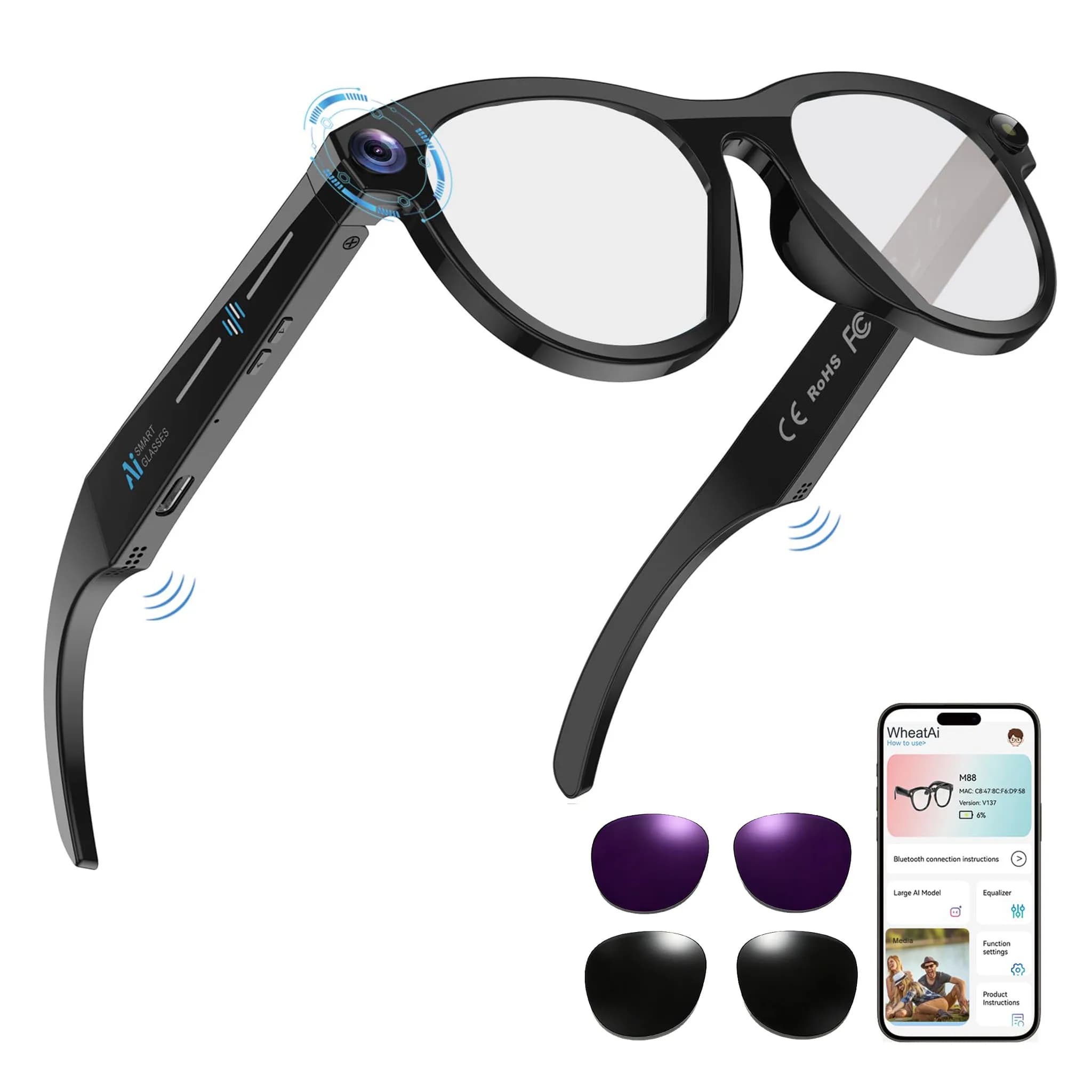 Occhiali Smart AI Neri per Uomo e Donna, Fotocamera Ultra-Grandangolare da 8 MP, Audio Open-Ear, Registrazione Video, Occhiali da Sole Bluetooth