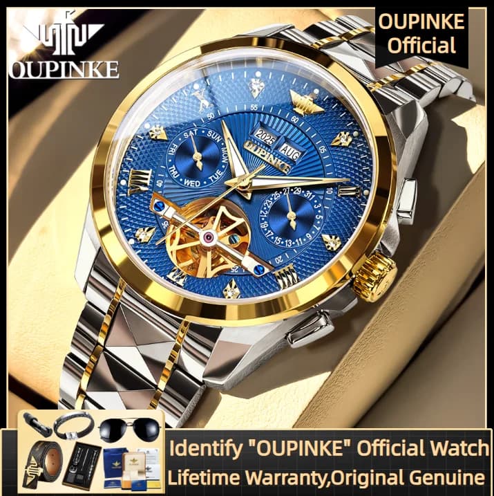 OUPINKE 3270 Orologio da uomo meccanico automatico Cinturino in acciaio al tungsteno Data multifunzionale Orologio da polso da uomo luminoso impermeabile