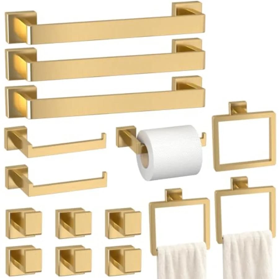 Set di Accessori per il Bagno: 15 Pezzi in Acciaio Inox SUS304 Dorato, Portasciugamani da Parete Quadrato per Bagno e Toilette