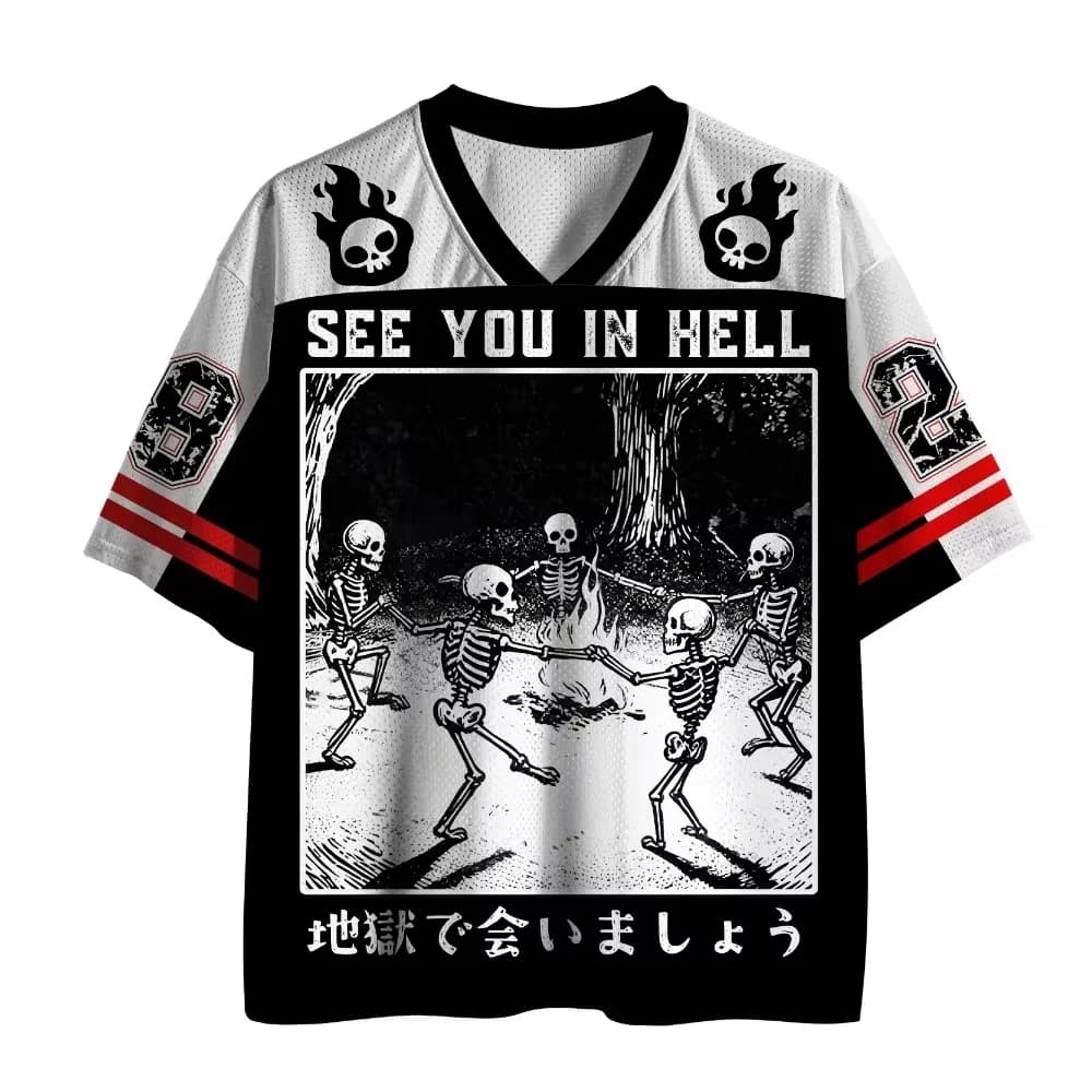 Unisex Dancing Skeleton Campfire Graphic Tee Men Women Dark Gothic Urban Streetwear V‑Neck Short Sleeve Hip‑Hop Casual Tee Tops
