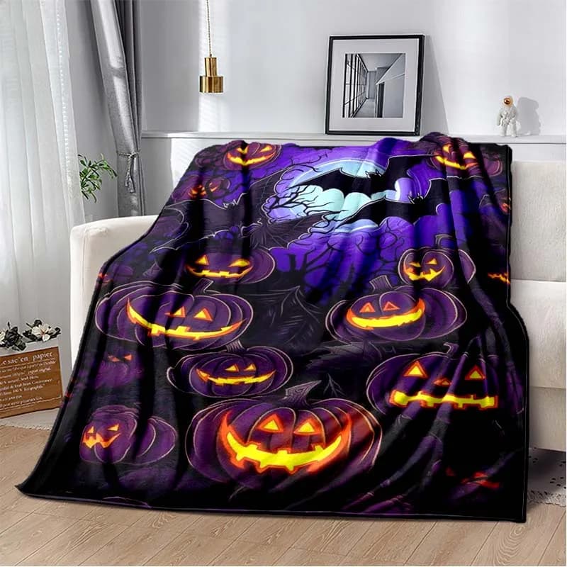 Halloween Pumpkin Ghost Print Flannel Blanket Cozy Warm Throw Sofa Bedroom Present Indoor Home Lounge Seasonal Bedding Decor