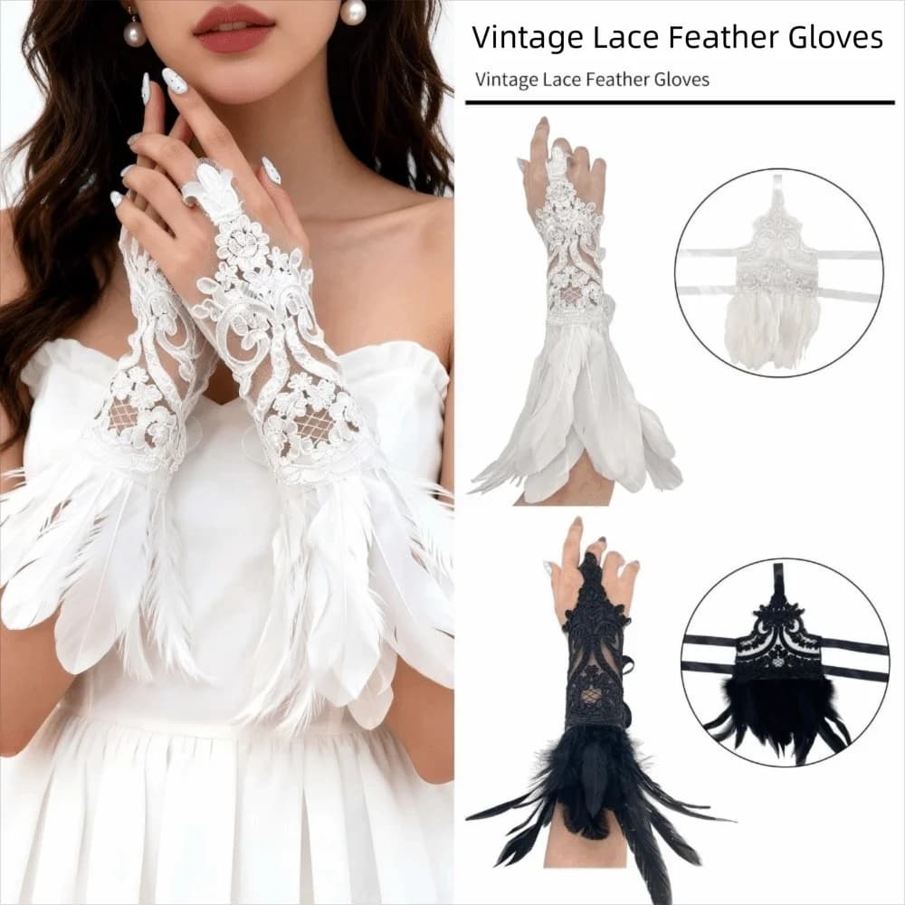 Witch Halloween Feather Gloves Lace Fingerless Women Feather Lace Gloves Gothic Embroidery Halloween Wristband Party Supplies