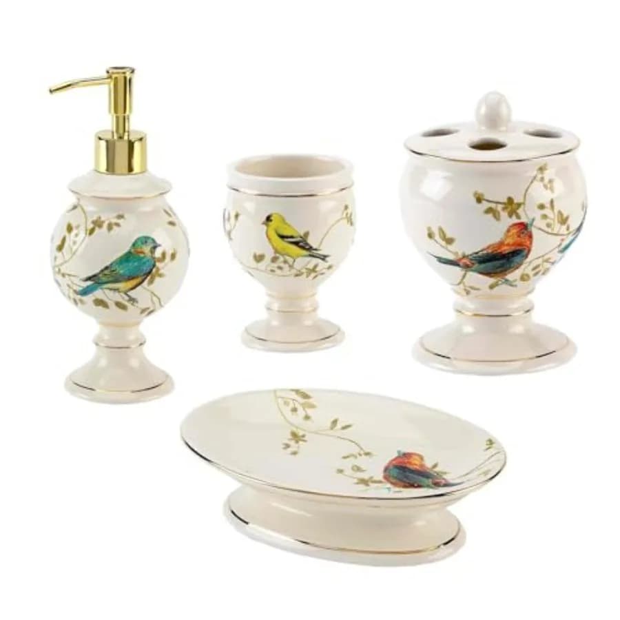 Avanti Linens - Set di accessori della collezione Gilded Birds con portaspazzolino in resina, portasapone e dispenser per lozione in oro resistente