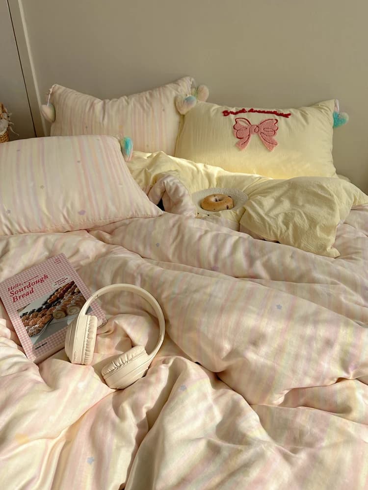 Set di Biancheria da Letto in Stile Coreano, Puro Cotone, Lenzuolo a Doppio Strato, Copriletto, Federa, Morbido e Confortevole