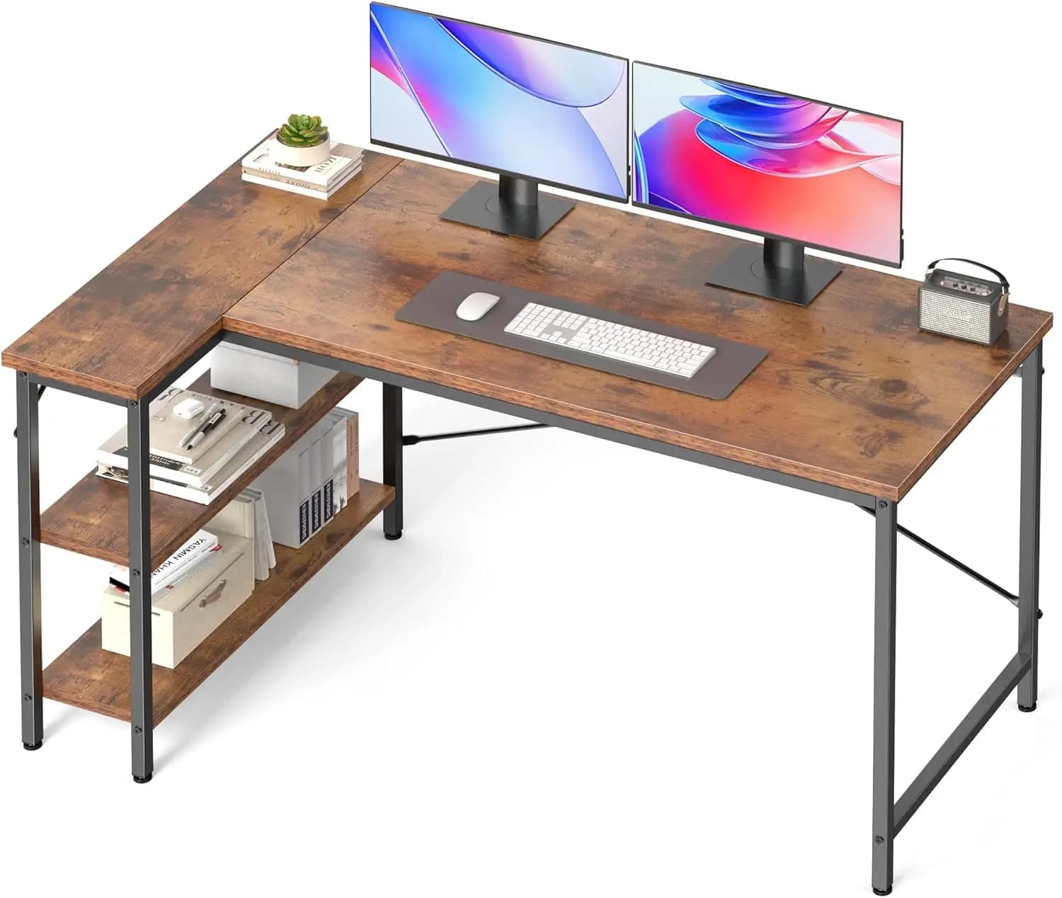 48 Inch L Shaped Gaming Desk Computer Desks Home Office PC Table for Writing Working Study Bedroom with Reversible Storage Shelv