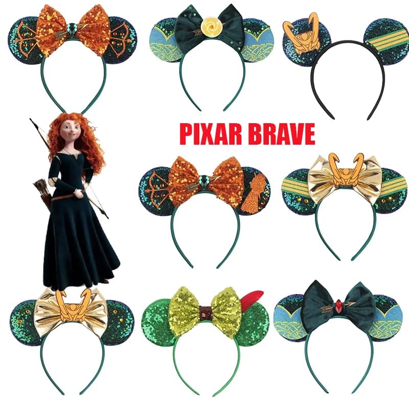 Pixar Brave Ears Fasce per capelli per donna Disney Princess Merida Accessori per capelli Ragazza Verde Paillettes Fiocco e freccia Fascia per capelli Regalo per bambini